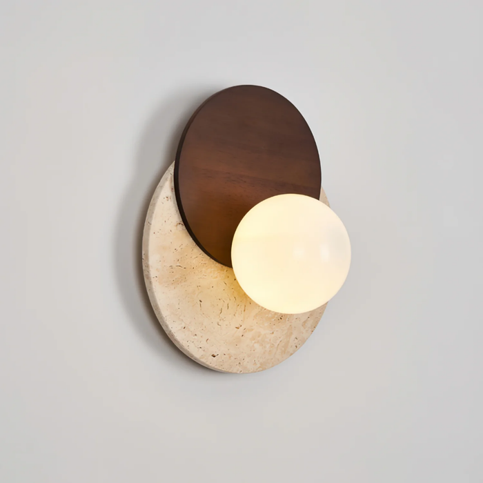 Lunara Travertine Stone & Wood Lunar Eclipse Wall Light angled product view on light background