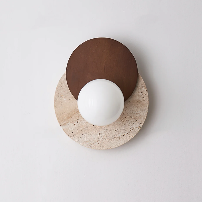 Lunara Travertine Stone & Wood Lunar Eclipse Wall Light front view on light background
