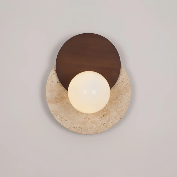 Lunara Travertine Stone & Wood Lunar Eclipse Wall Light straight-on product view on light background
