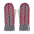 Pair of patterned mittens with red, blue, and white colors on a white background