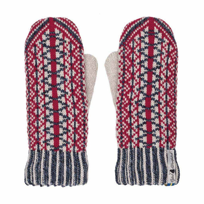 Pair of patterned mittens with red, blue, and white colors on a white background