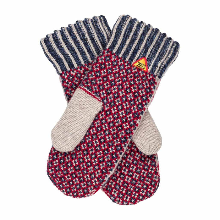 Pair of knitted mittens with a pattern on a white background