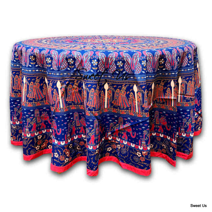 Meridian Mandala Cotton Tablecloth Round — Cobalt Festival - Sweet Us