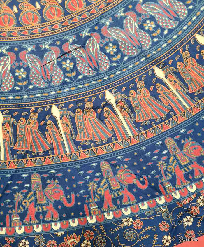 Meridian Mandala Cotton Tablecloth Round — Cobalt Festival - Sweet Us