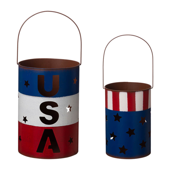 Metal Patriotic Bucket Lantern, Set of 2