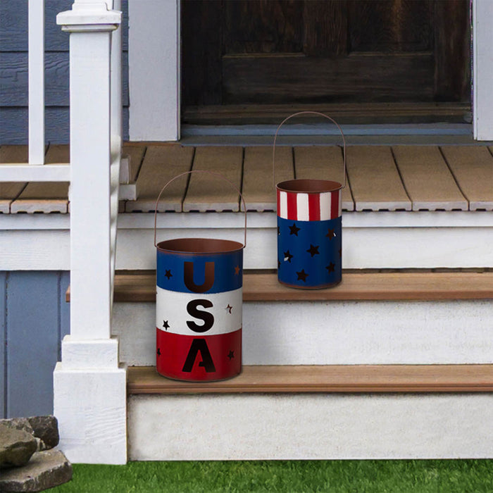 Metal Patriotic Bucket Lantern, Set of 2