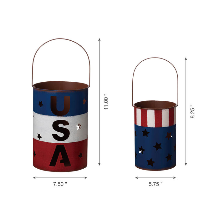 Metal Patriotic Bucket Lantern, Set of 2