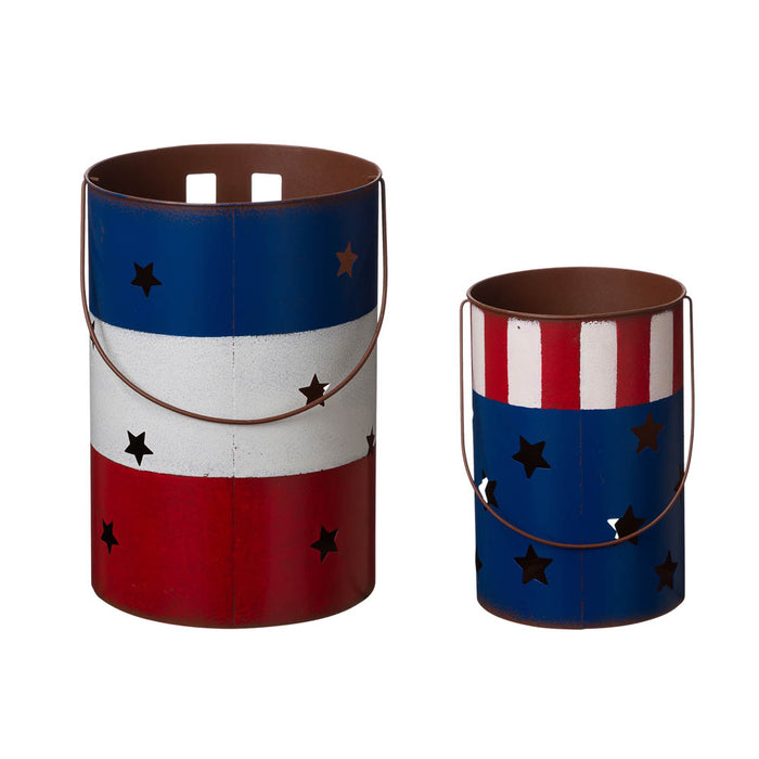 Metal Patriotic Bucket Lantern, Set of 2