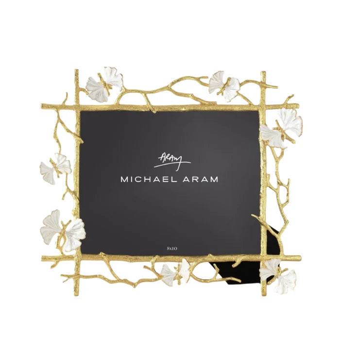 A photo frame with a gold and white twig and ginkgo butterfly sculptural design