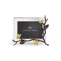silver photo frame with dogwood gold and bronze floral design on a white background