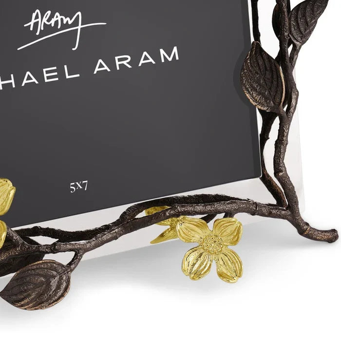 silver photo frame with gold dogwood flowers and bronze branches and leaves, featuring the Michael Aram brand.