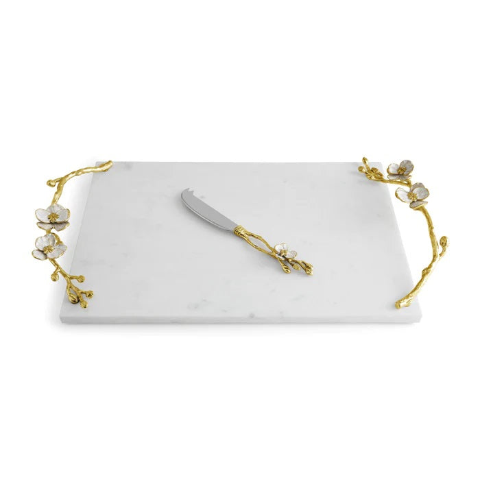 Michael Aram Orchid Large Cheeseboard With Knife white marble, gold and white handles