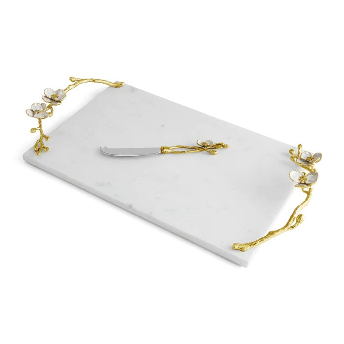Michael Aram Orchid Large Cheeseboard With Knife white marble, gold and white handles