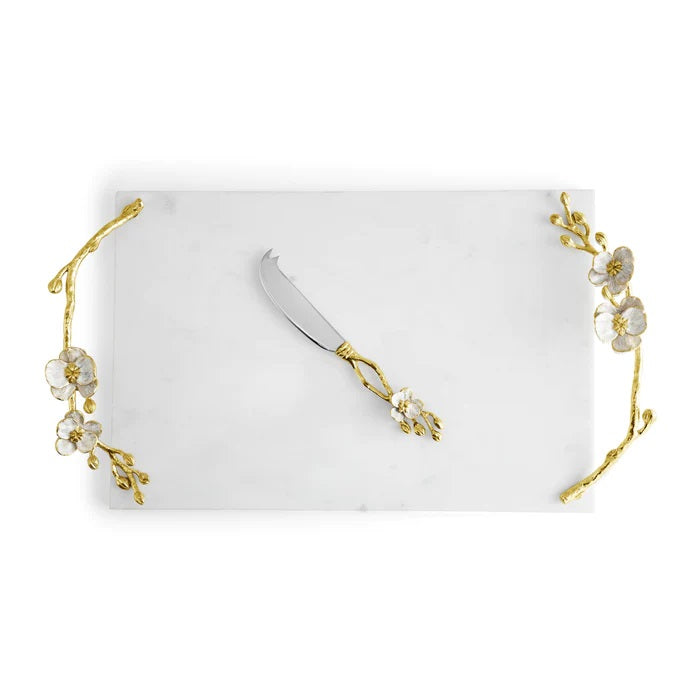Michael Aram Orchid Large Cheeseboard With Knife white marble, gold and white handles