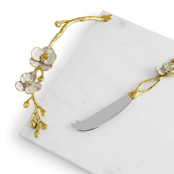 Michael Aram Orchid Large Cheeseboard With Knife white marble, gold and white handles