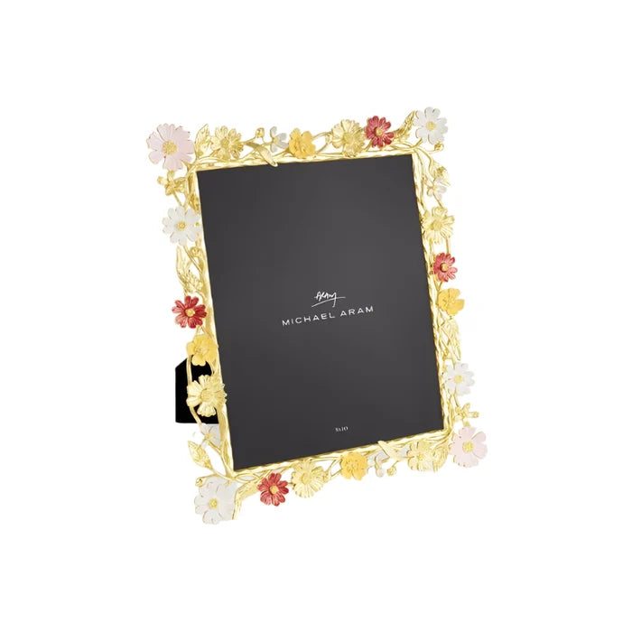 A gold-colored metal photo frame with a floral pattern, featuring a black center panel with the Michael Aram logo.