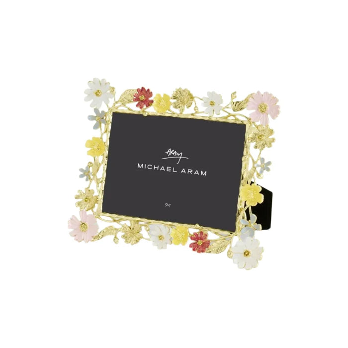 A photo frame with a gold, white, yellow, pink, and red floral design