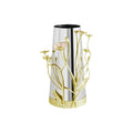 A silver and gold vase with gold  and pink wildflower sculpture climbing up