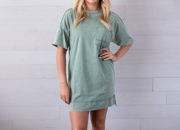 Mineral Washed Knit Oversized Shift Mini Dress Sage