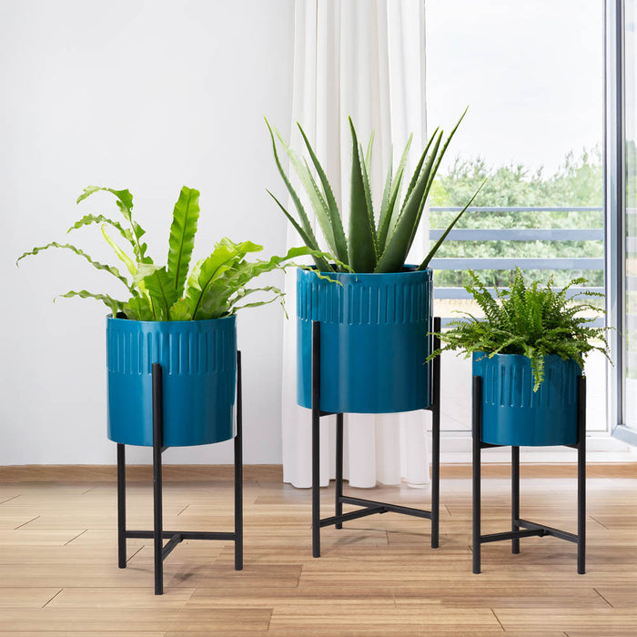 Modern Glossy Blue Metal Plant Stands, Set of 3