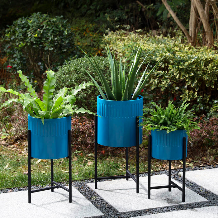 Modern Glossy Blue Metal Plant Stands, Set of 3