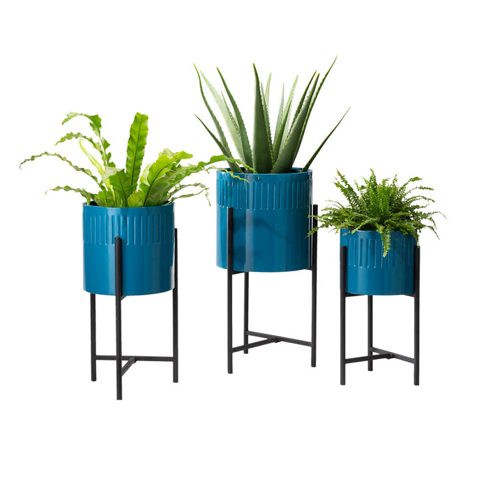 Modern Glossy Blue Metal Plant Stands, Set of 3