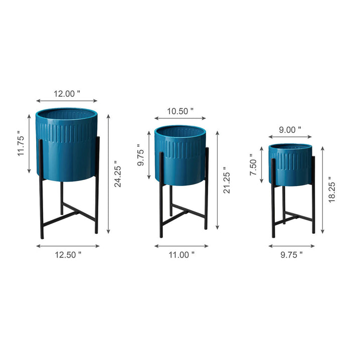 Modern Glossy Blue Metal Plant Stands, Set of 3