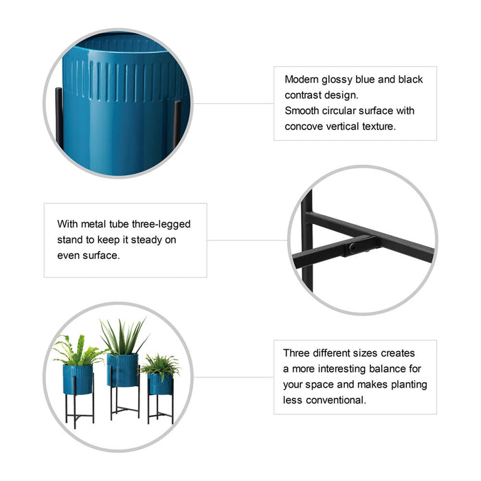 Modern Glossy Blue Metal Plant Stands, Set of 3