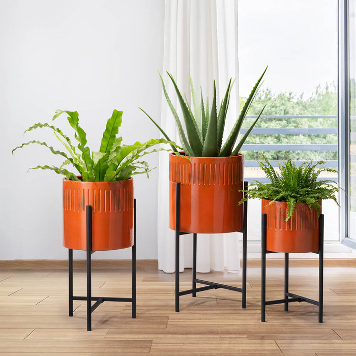 Modern Washed Orange Metal Plant Stands, Set of 3