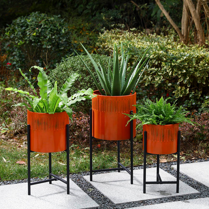 Modern Washed Orange Metal Plant Stands, Set of 3