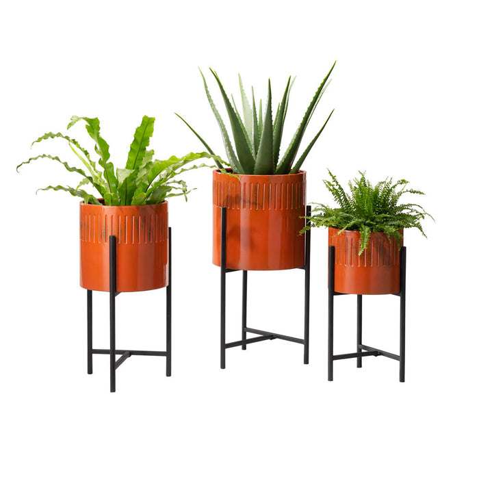 Modern Washed Orange Metal Plant Stands, Set of 3