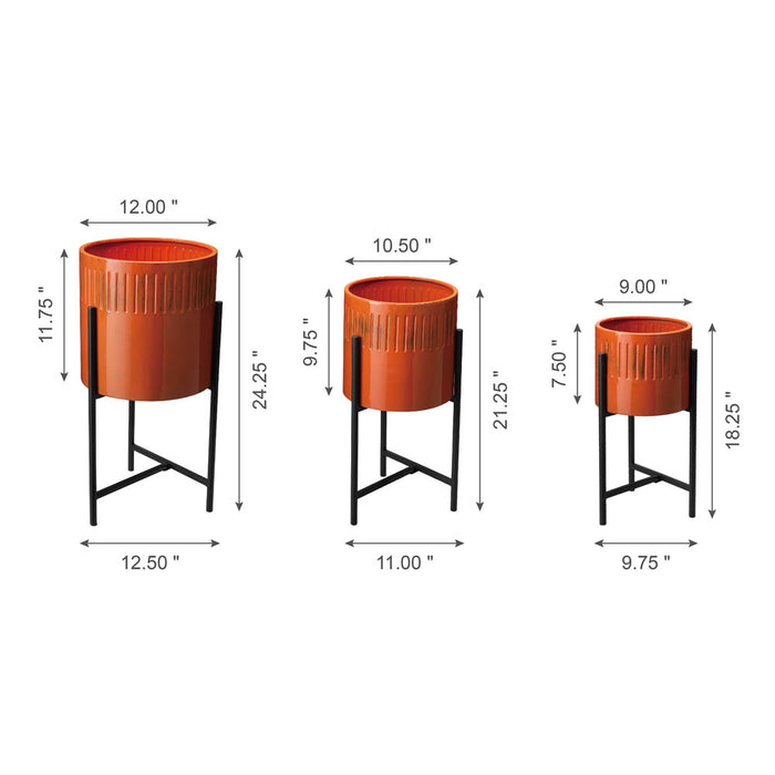 Modern Washed Orange Metal Plant Stands, Set of 3