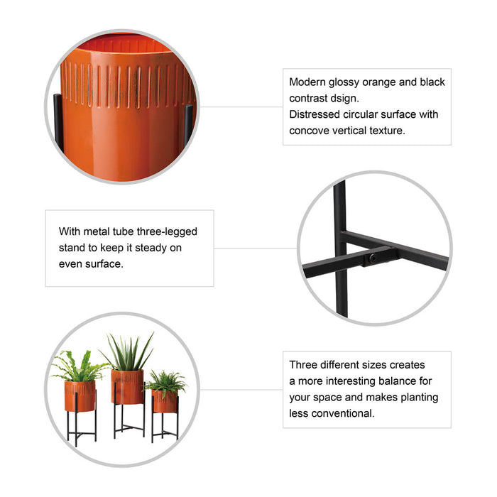 Modern Washed Orange Metal Plant Stands, Set of 3