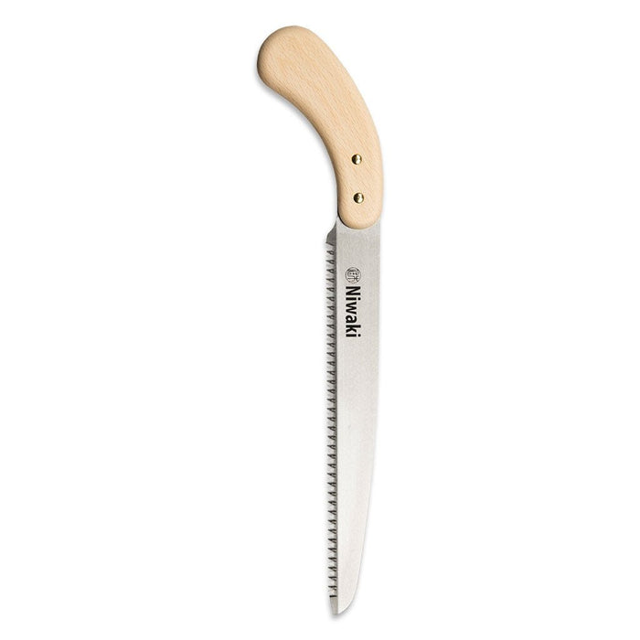Moku hand saw with steel teeth and wooden handle on white background