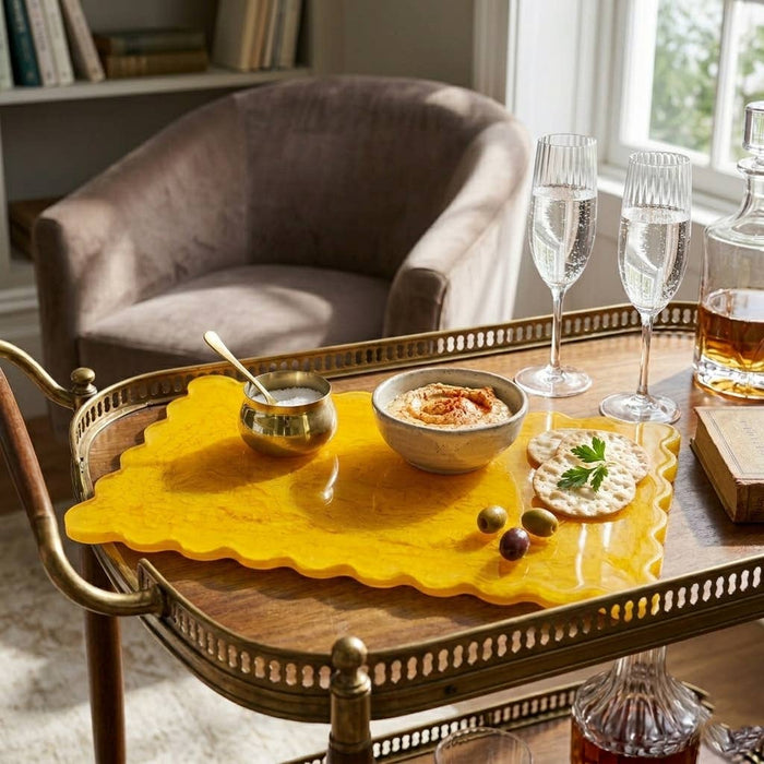 Tray with food and drinks on a table in a cozy room