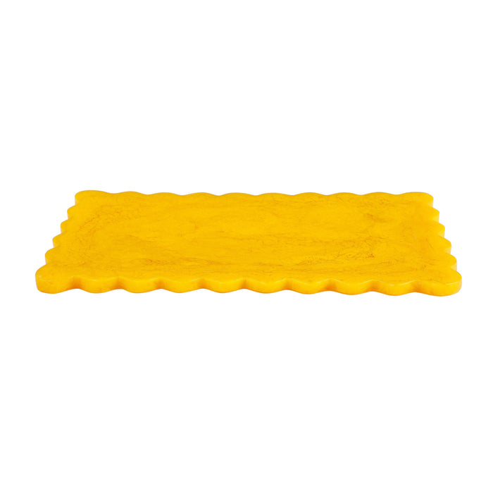 A bright yellow rectangular tray with a wavy scalloped edge, shown on a plain white background.