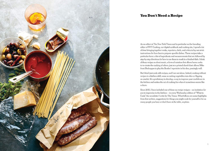 Cookbook page with pasta ingredients and text with the heading "you don't need a recipe"