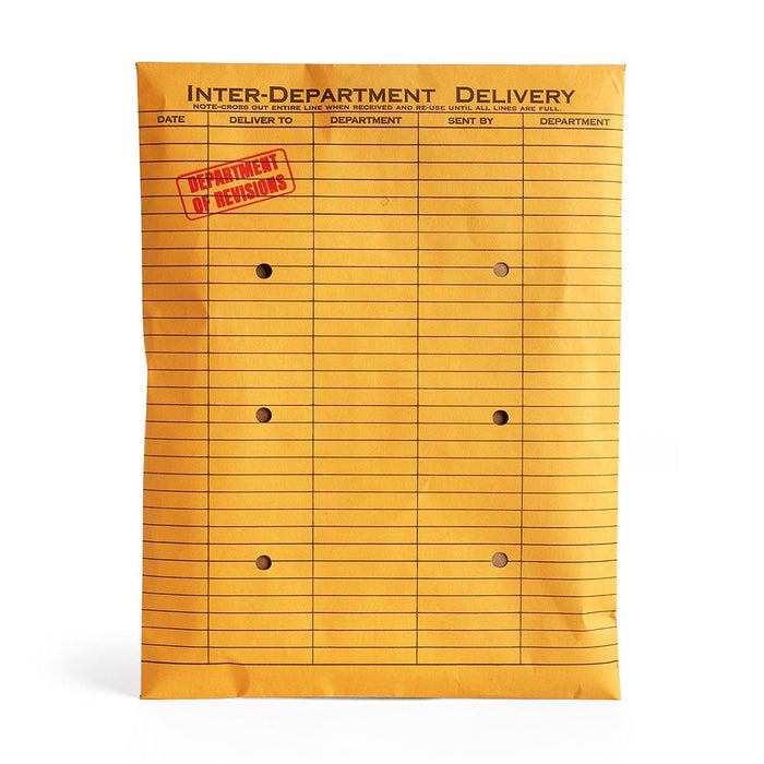 A yellow-orange inter-department delivery envelope with printed columns and lines, stamped with 'Department of Reviews' in red.
