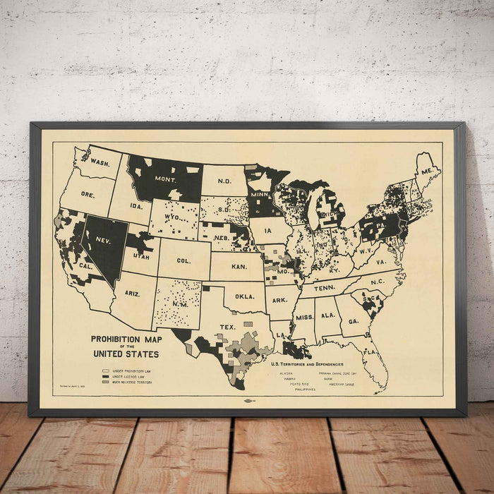 Old Map of Alcohol Pre-Prohibition in the USA, 1915 - State Prohibition & Licensing Laws Before 18th Amendment