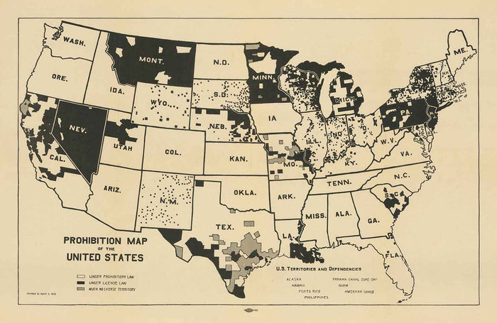 Old Map of Alcohol Pre-Prohibition in the USA, 1915 - State Prohibition & Licensing Laws Before 18th Amendment