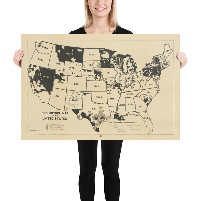 Old Map of Alcohol Pre-Prohibition in the USA, 1915 - State Prohibition & Licensing Laws Before 18th Amendment