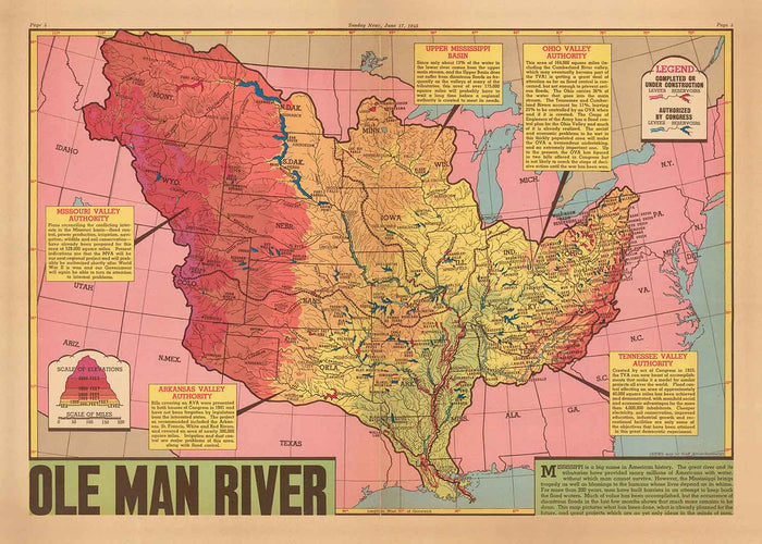 Old Map of Mississippi River Basin, 1945 - "Ole Man River" - Neighbouring States, Flood Control, Gulf of Mexico