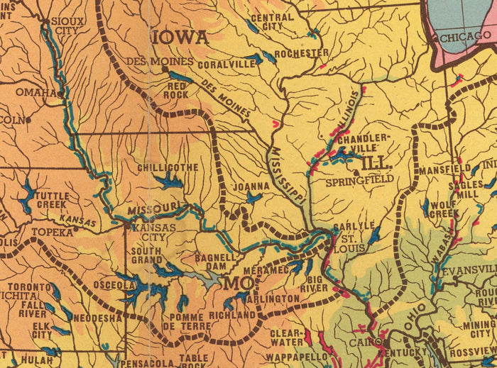 Old Map of Mississippi River Basin, 1945 - "Ole Man River" - Neighbouring States, Flood Control, Gulf of Mexico