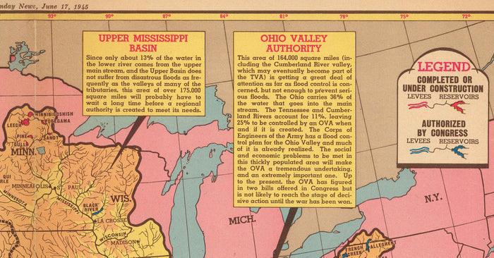 Old Map of Mississippi River Basin, 1945 - "Ole Man River" - Neighbouring States, Flood Control, Gulf of Mexico