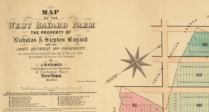Old Map of SoHo, NYC, 1868 by John Bute Holmes - Manhattan Farmland Survey, Broadway, Bleeker, Houston St