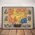 Old Pictorial Map of Texas History, 1936 - Centennial, Fall of the Alamo, Houston, Dallas, Waco, Longhorn Cattle