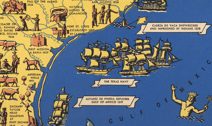 Old Pictorial Map of Texas History, 1936 - Centennial, Fall of the Alamo, Houston, Dallas, Waco, Longhorn Cattle