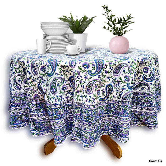 Block Print Tablecloth Round, Floral Paisley Elephants in Blue, Green, Purple - Sweet Us