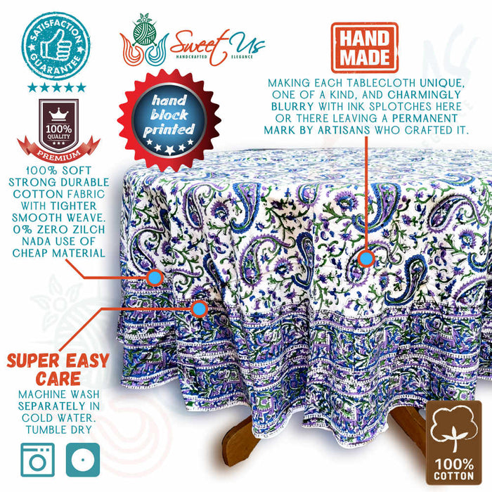 Block Print Tablecloth Round, Floral Paisley Elephants in Blue, Green, Purple - Sweet Us