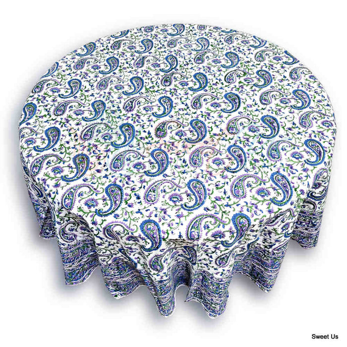 Block Print Tablecloth Round, Floral Paisley Elephants in Blue, Green, Purple - Sweet Us